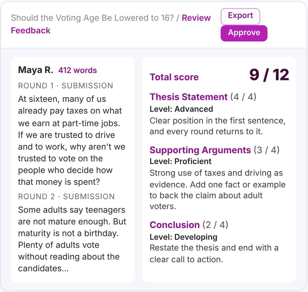 Rubric feedback for a student's argumentative piece: total score 9 of 12, with a level and next step for each criterion
