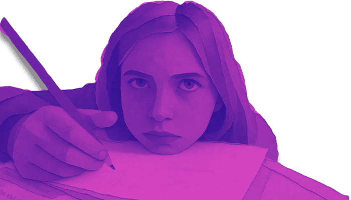 Student looking bored while writing at their desk