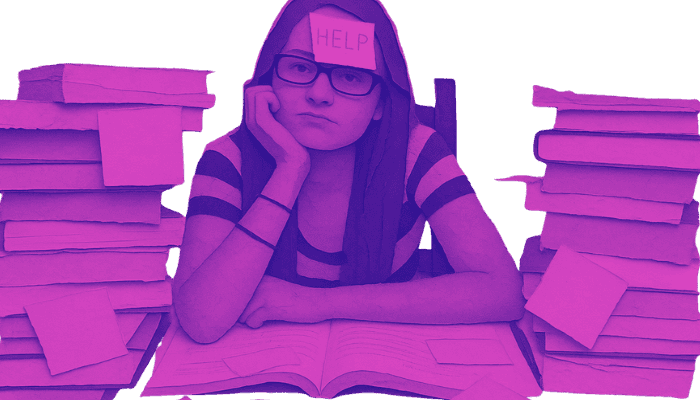 Student overwhelmed at her desk with a help note on her forehead